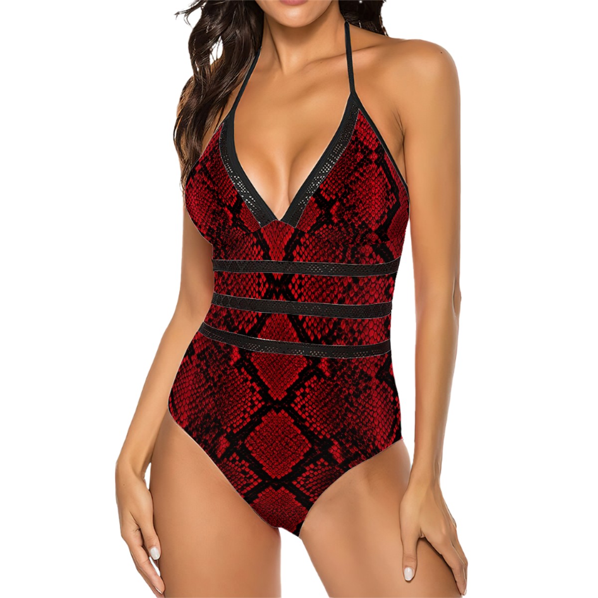Halter One Piece Swimsuit Women Customized Services red snakeskin print