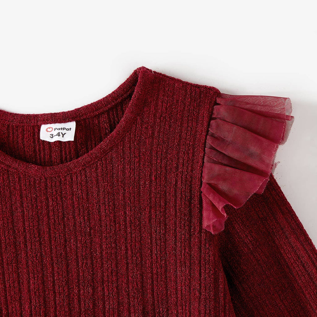 Family Matching Color-Block Tops and Flutter Dresses Sets: Burgundy