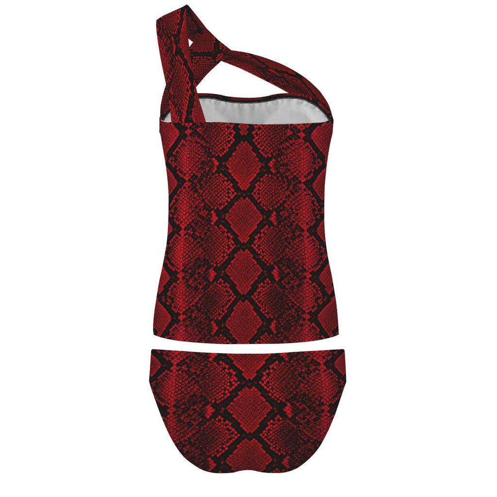 OneShoulder Two Piece Swimsuit Customized Services red snakeskin print