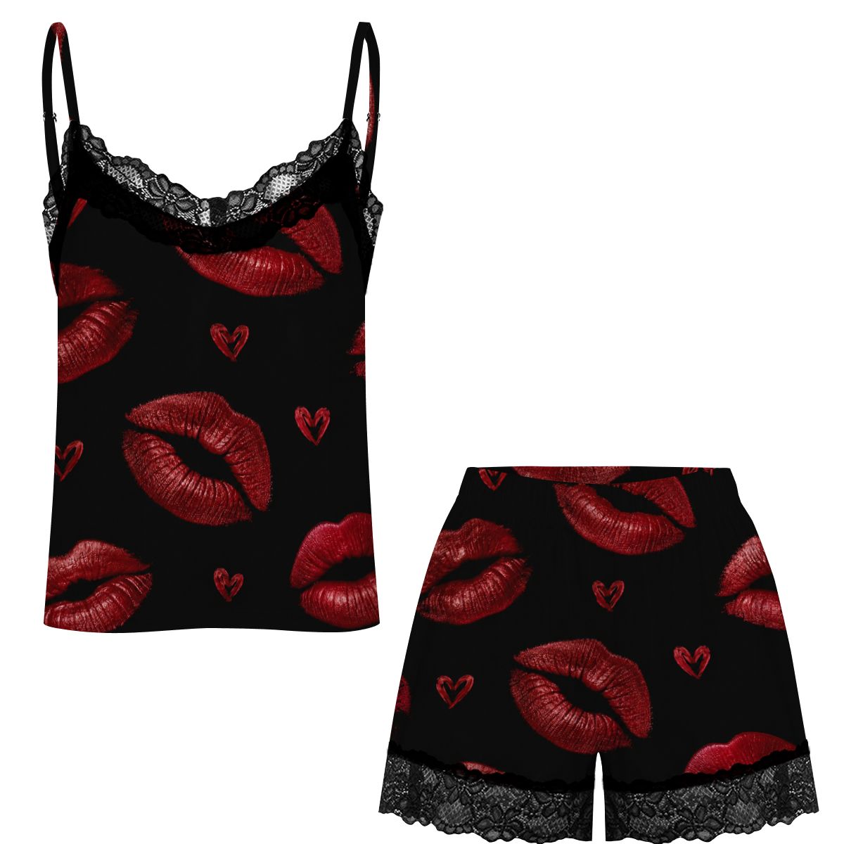 Women Cami Lace Pajama Set kiss print