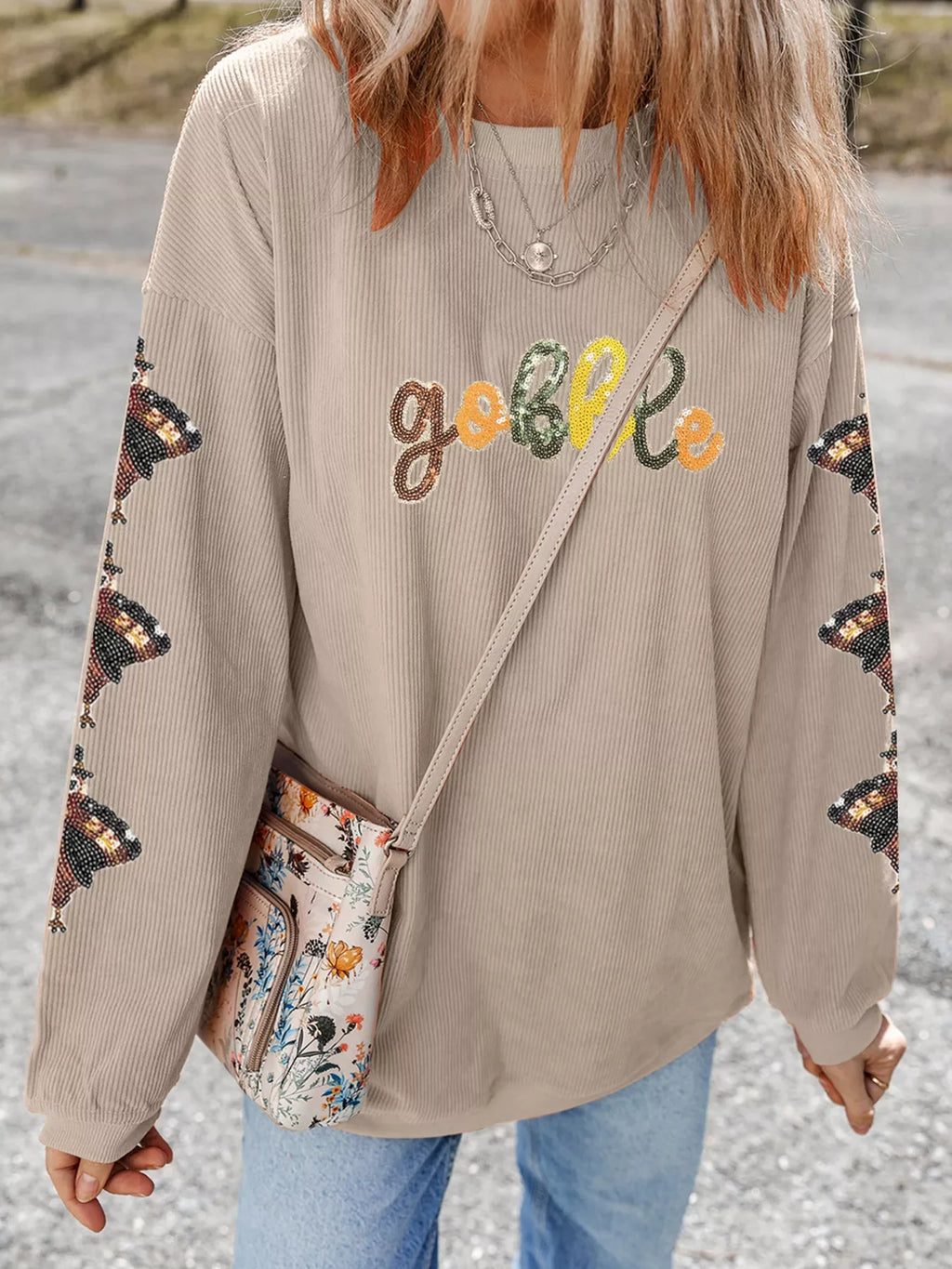 Gobble Corded Ribbed Thanksgiving Turkey Sequin Patched Sleeve Sweatshirt