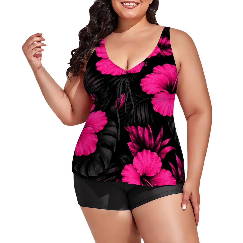 Plus Size Two Piece Swimsuit for Women Hot pink hibiscus on black