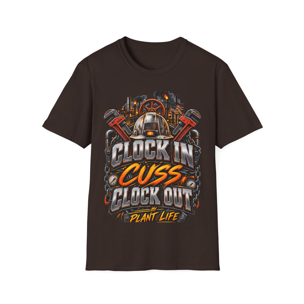 Clock In, Cuss Out Mechanic T‑Shirt — Vintage Industrial Worker Design