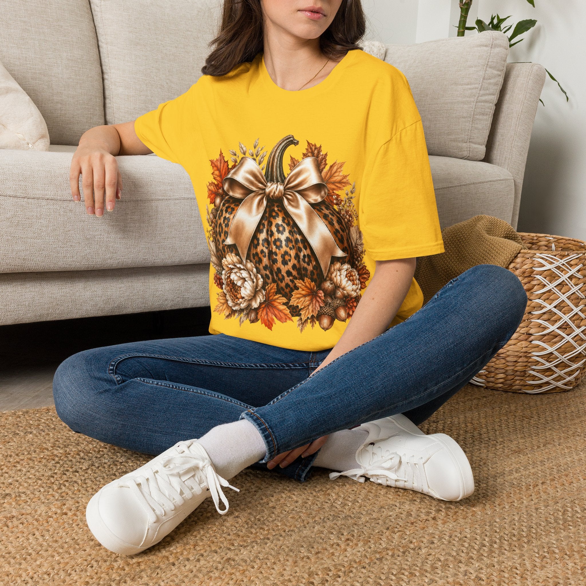 Leopard Pumpkin Fall T-Shirt — Autumn Bow & Leaves Graphic Tee