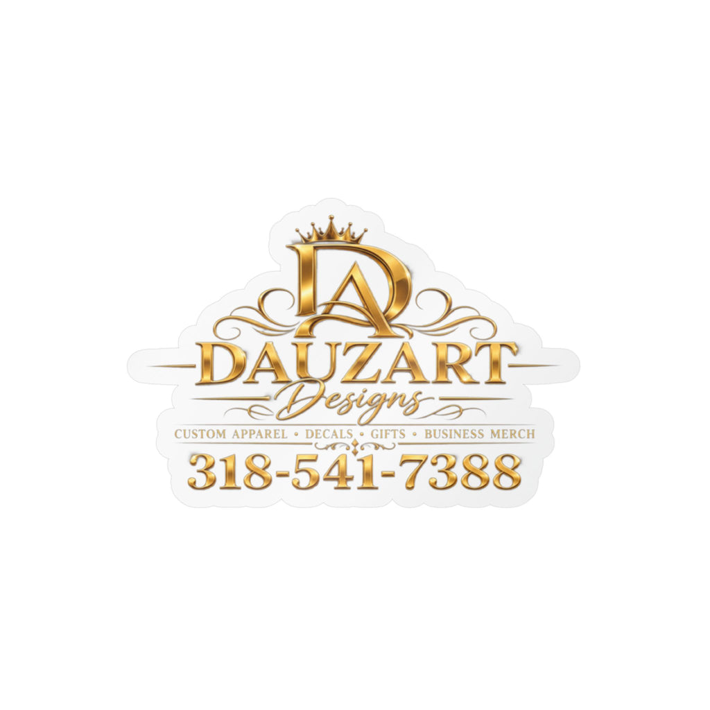 Logo Vinyl Decal — Gold "Dauzart Designs" Kiss-Cut Sticker with Phone Number