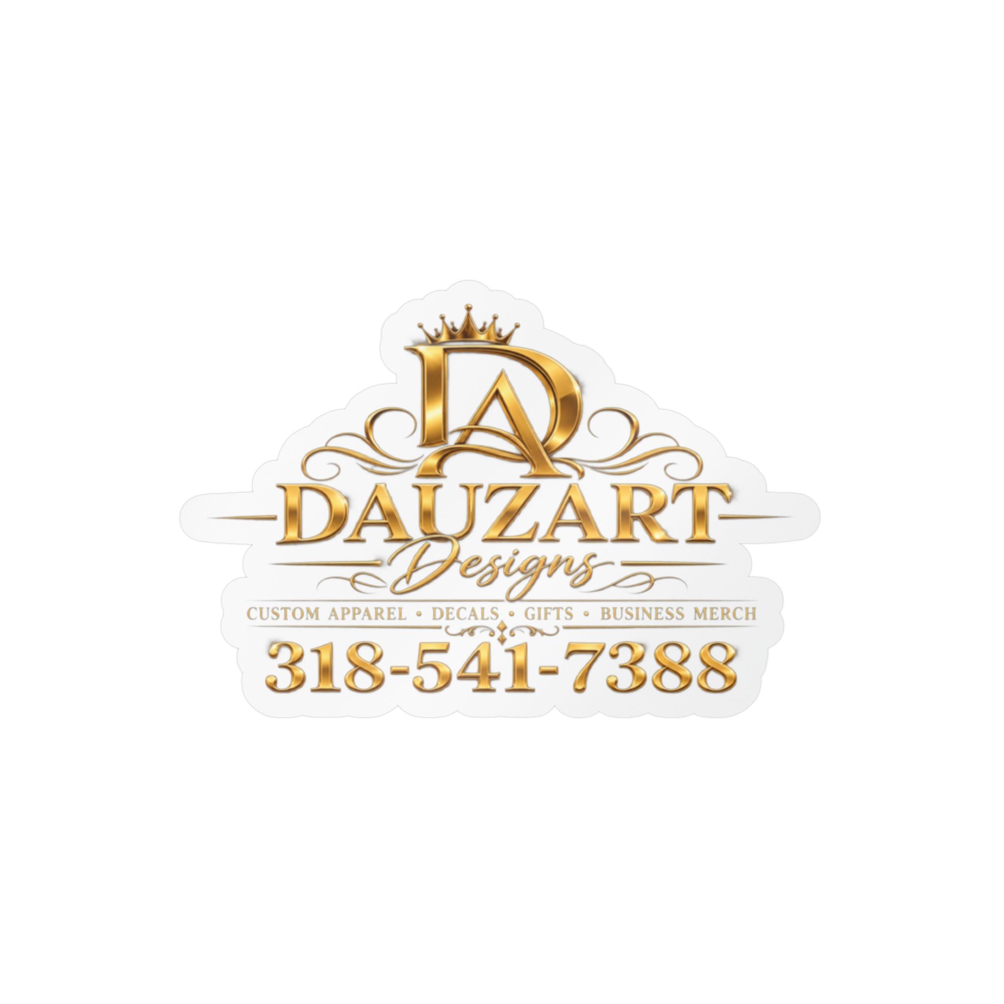 Logo Vinyl Decal — Gold "Dauzart Designs" Kiss-Cut Sticker with Phone Number