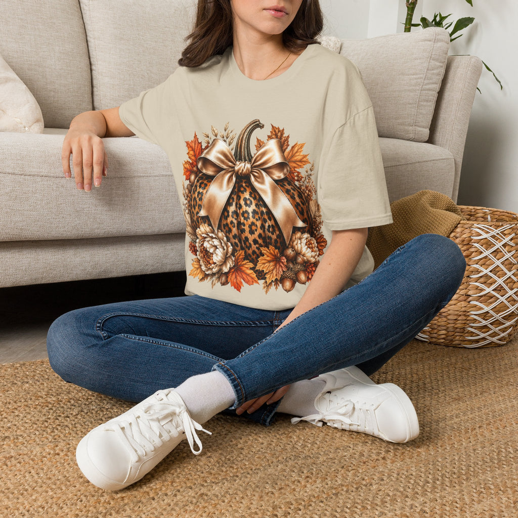 Leopard Pumpkin Fall T-Shirt — Autumn Bow & Leaves Graphic Tee