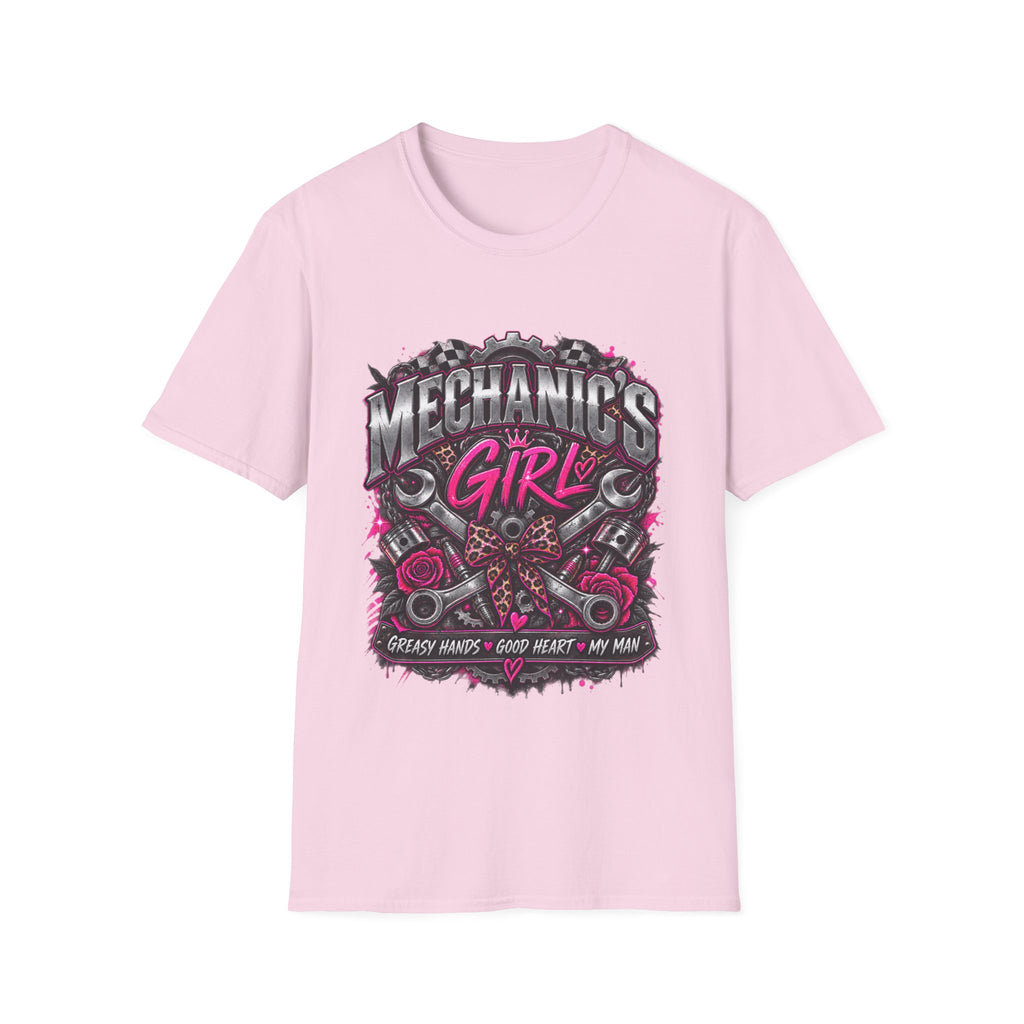 Mechanic's Girl T‑Shirt — Women's Automotive Crew Tee (Pink Gears & Wrenches)