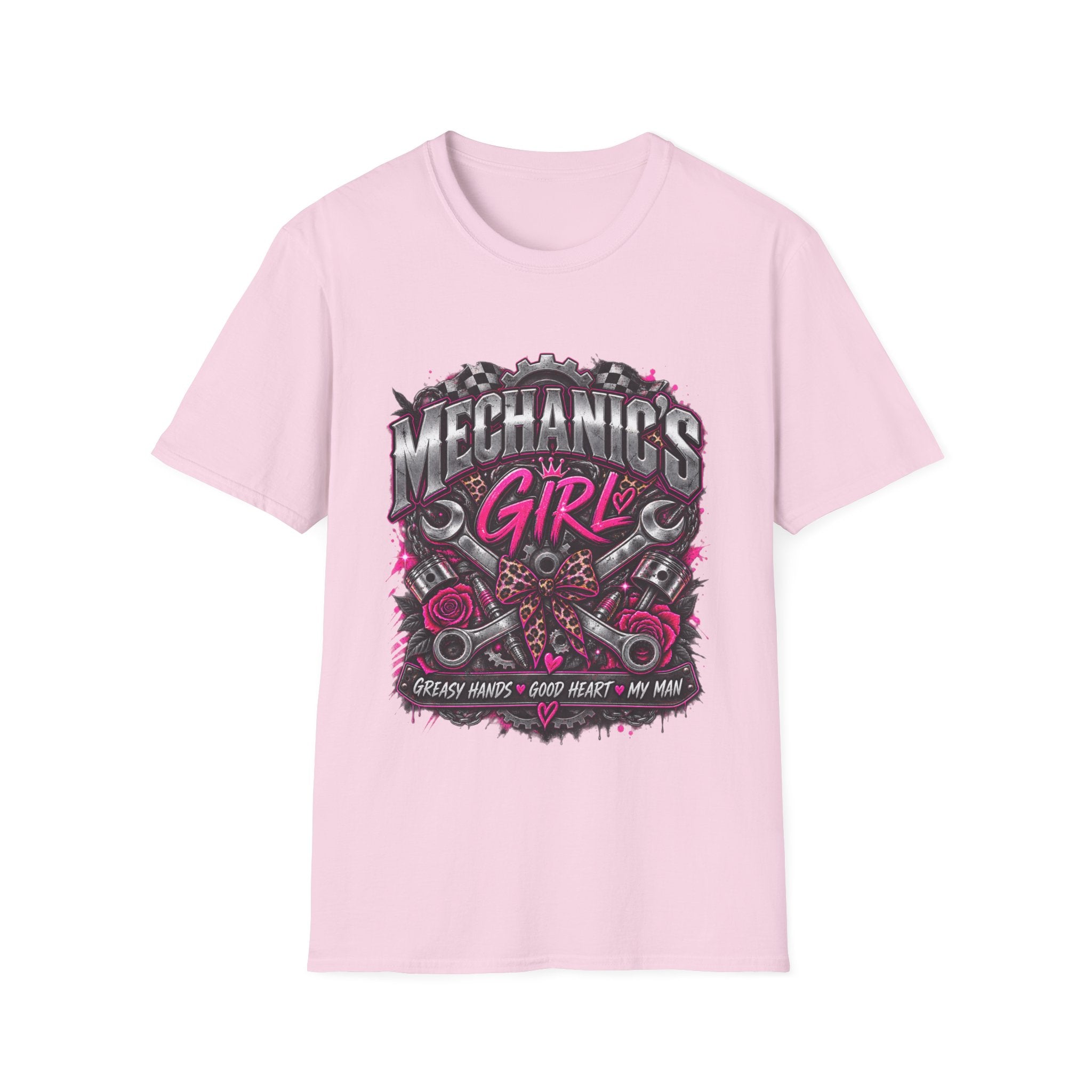 Mechanic's Girl T‑Shirt — Women's Automotive Crew Tee (Pink Gears & Wrenches)