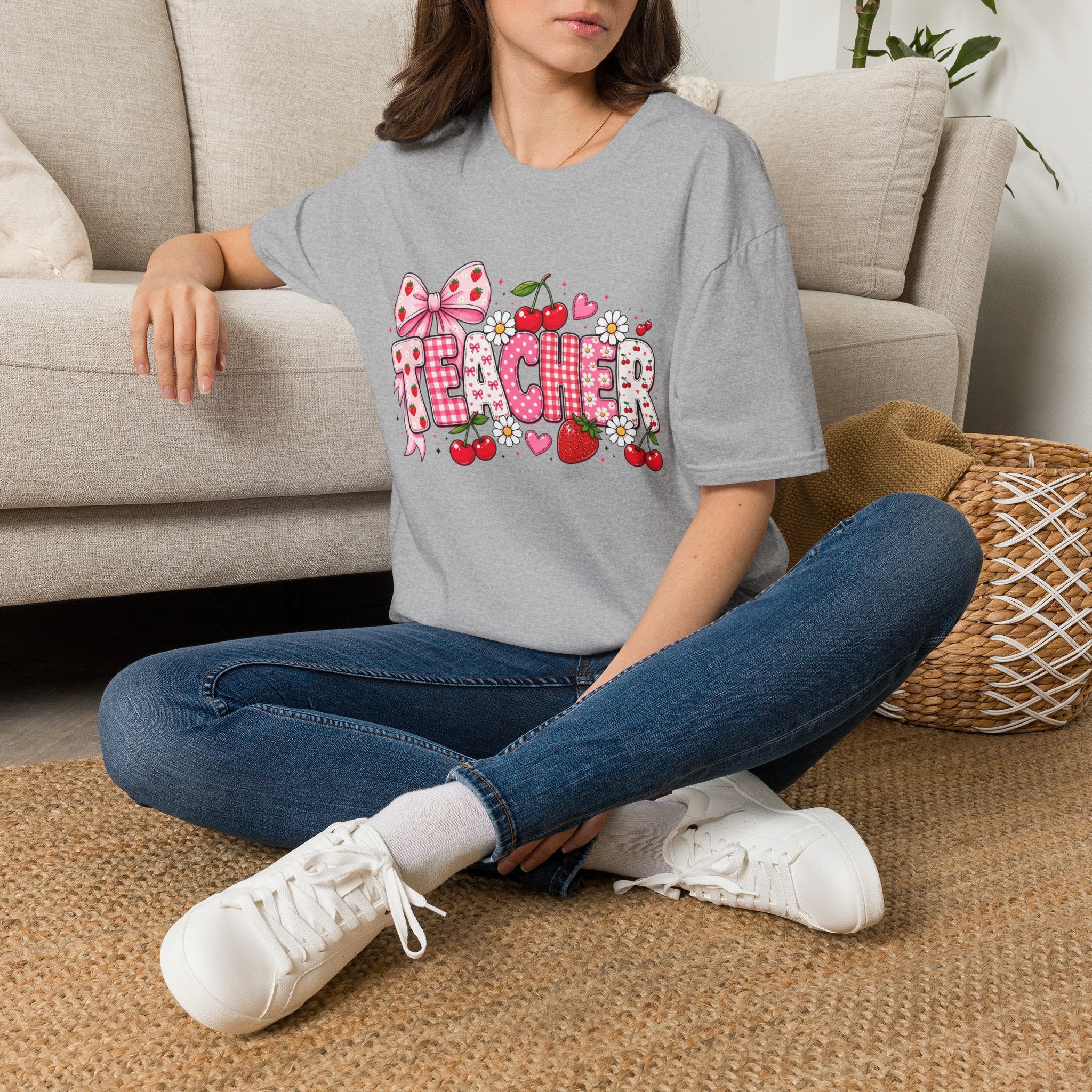Teacher Graphic Tee — Cute Strawberry & Cherry Floral Design
