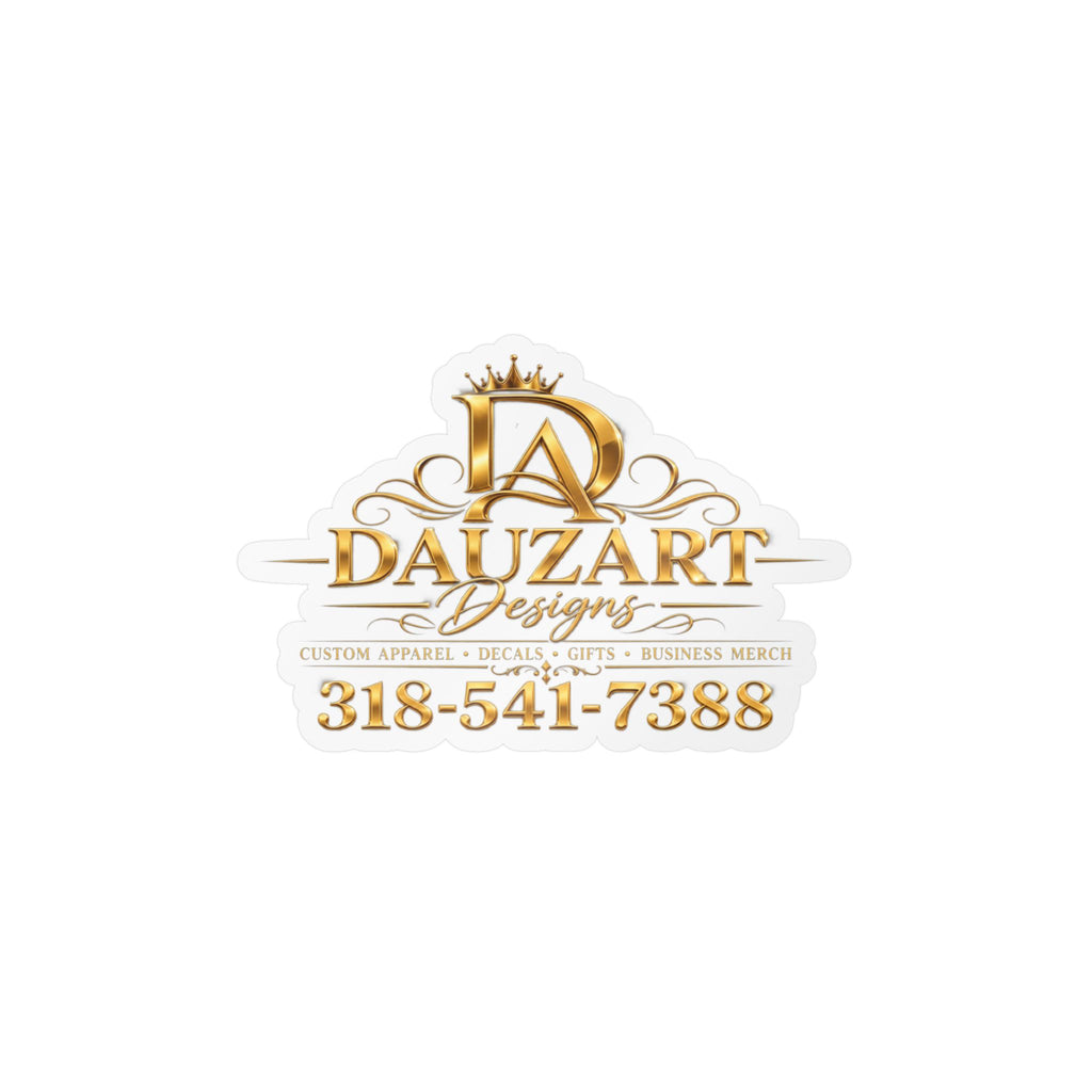 Logo Vinyl Decal — Gold "Dauzart Designs" Kiss-Cut Sticker with Phone Number