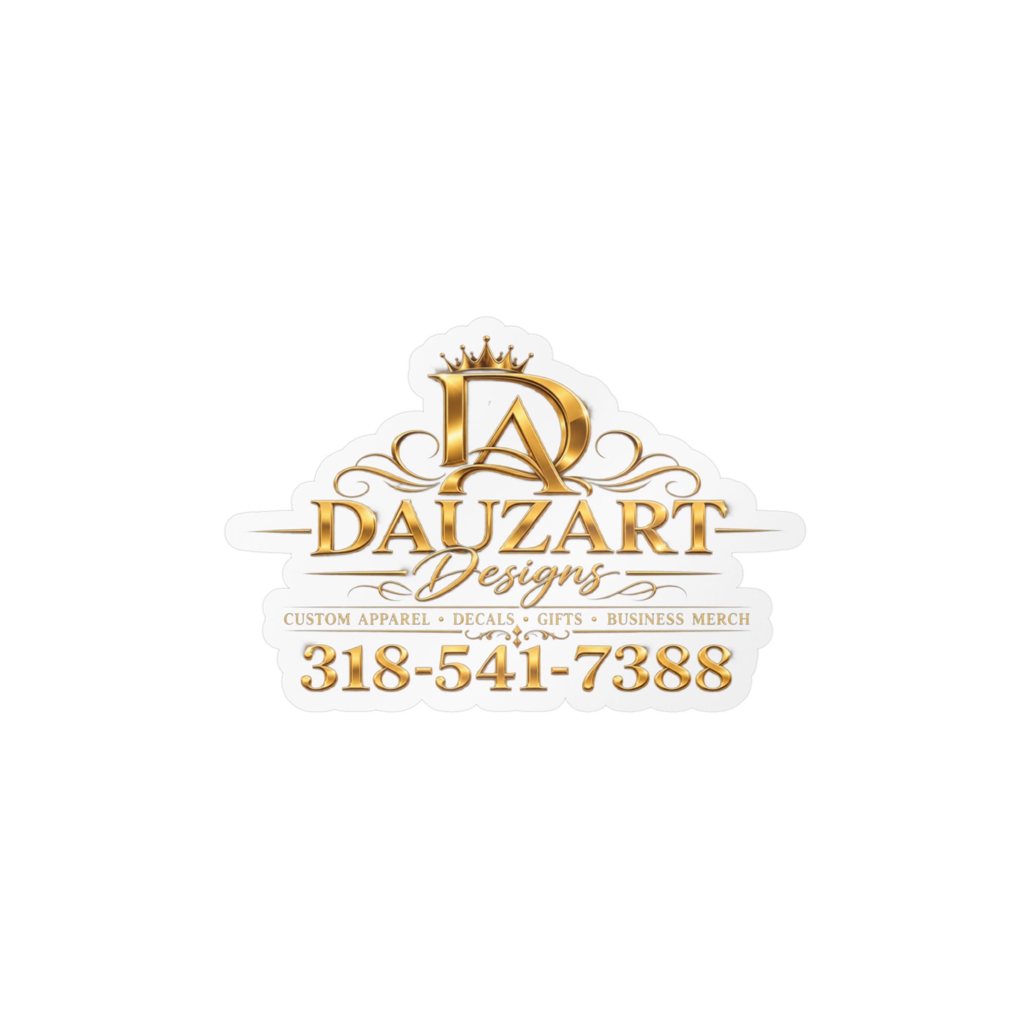 Logo Vinyl Decal — Gold "Dauzart Designs" Kiss-Cut Sticker with Phone Number