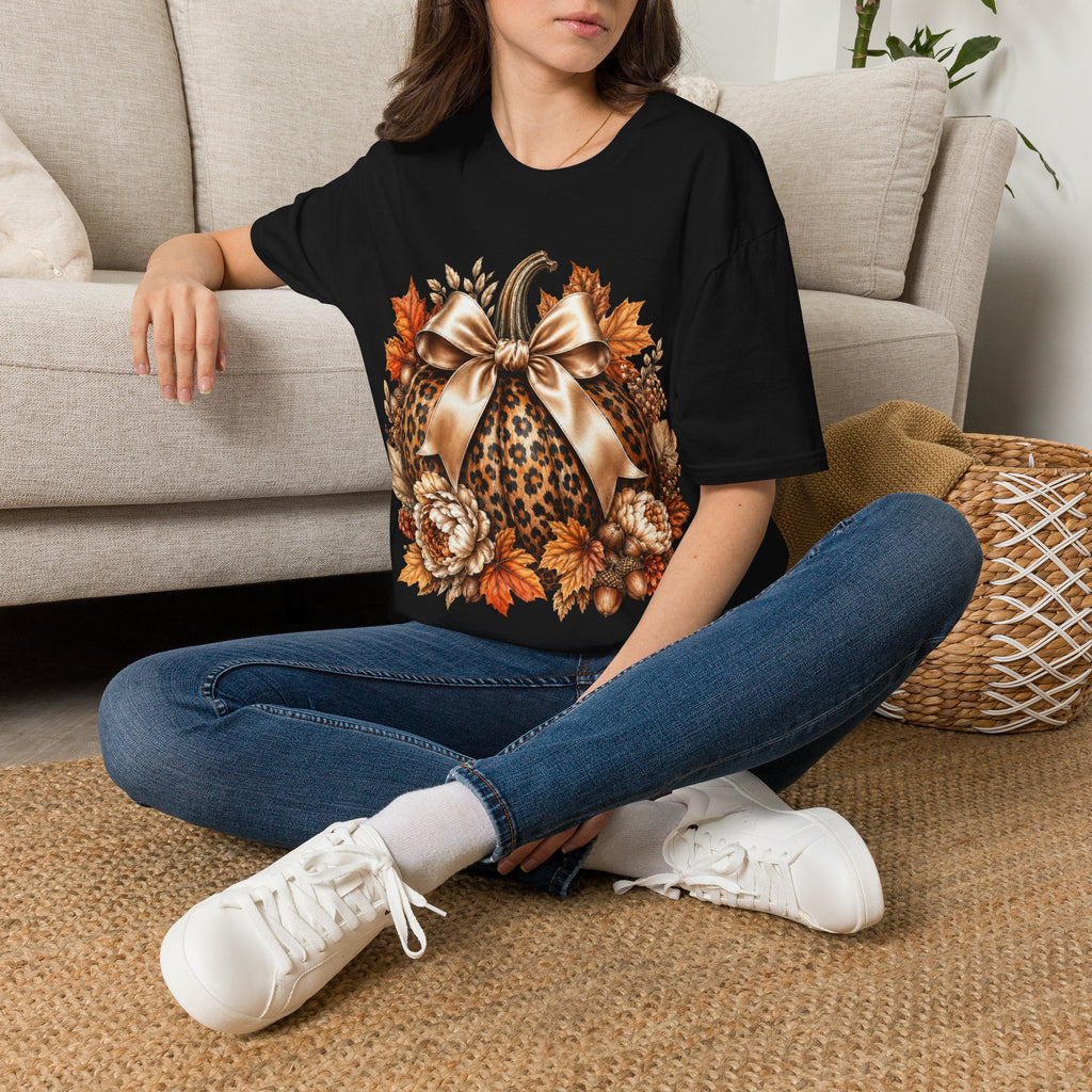 Leopard Pumpkin Fall T-Shirt — Autumn Bow & Leaves Graphic Tee