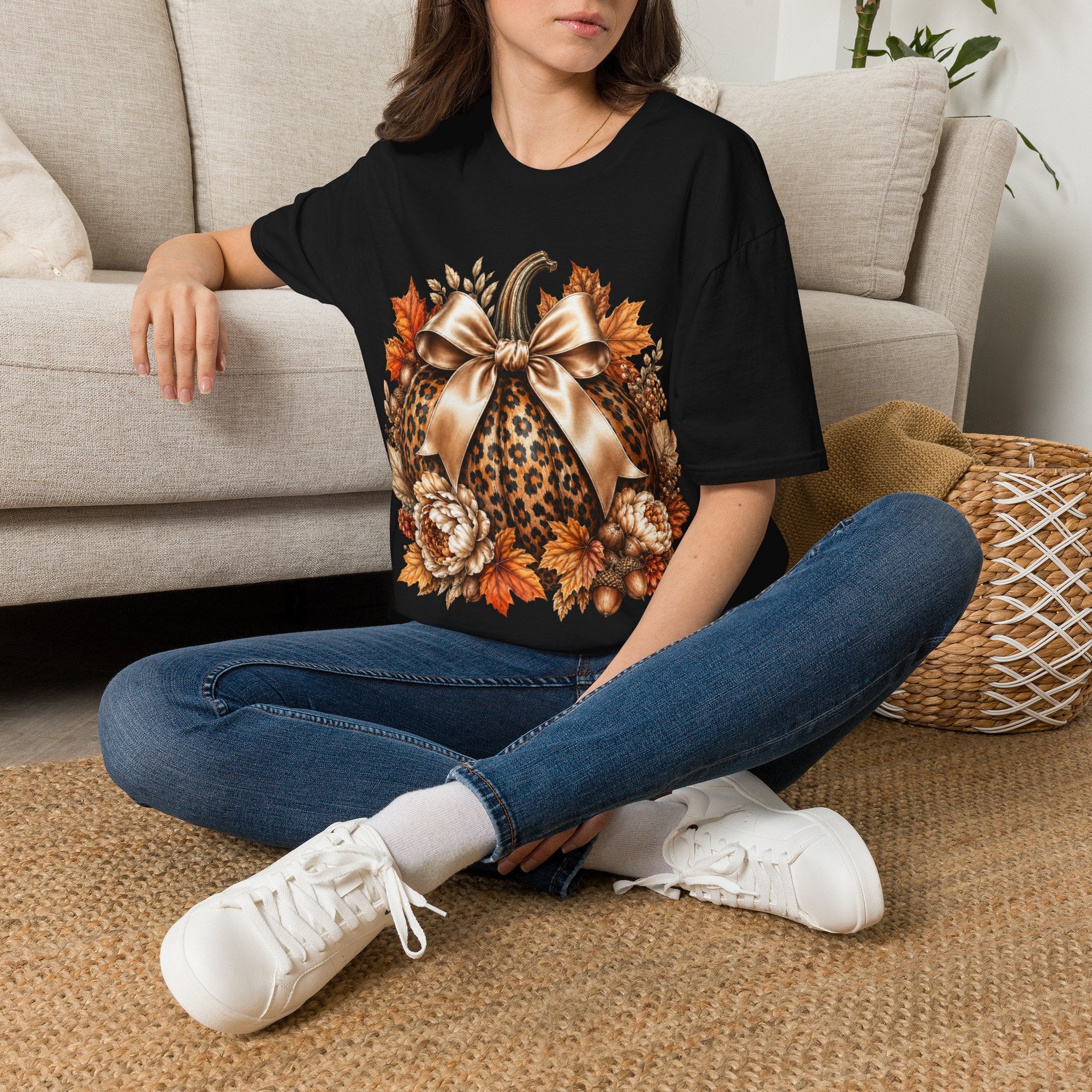 Leopard Pumpkin Fall T-Shirt — Autumn Bow & Leaves Graphic Tee