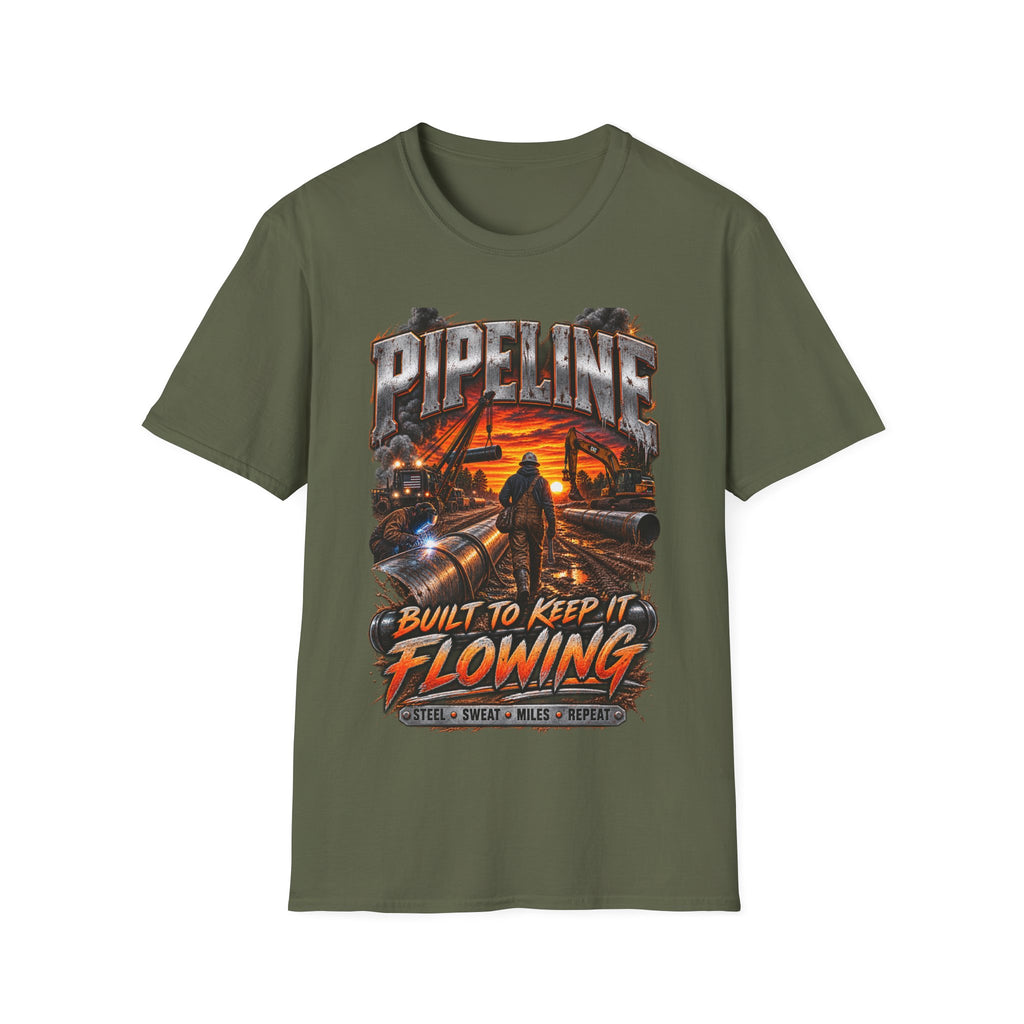 Pipeline Workers Sunset T-Shirt — "Built to Keep It Flowing" Oil & Gas Tee