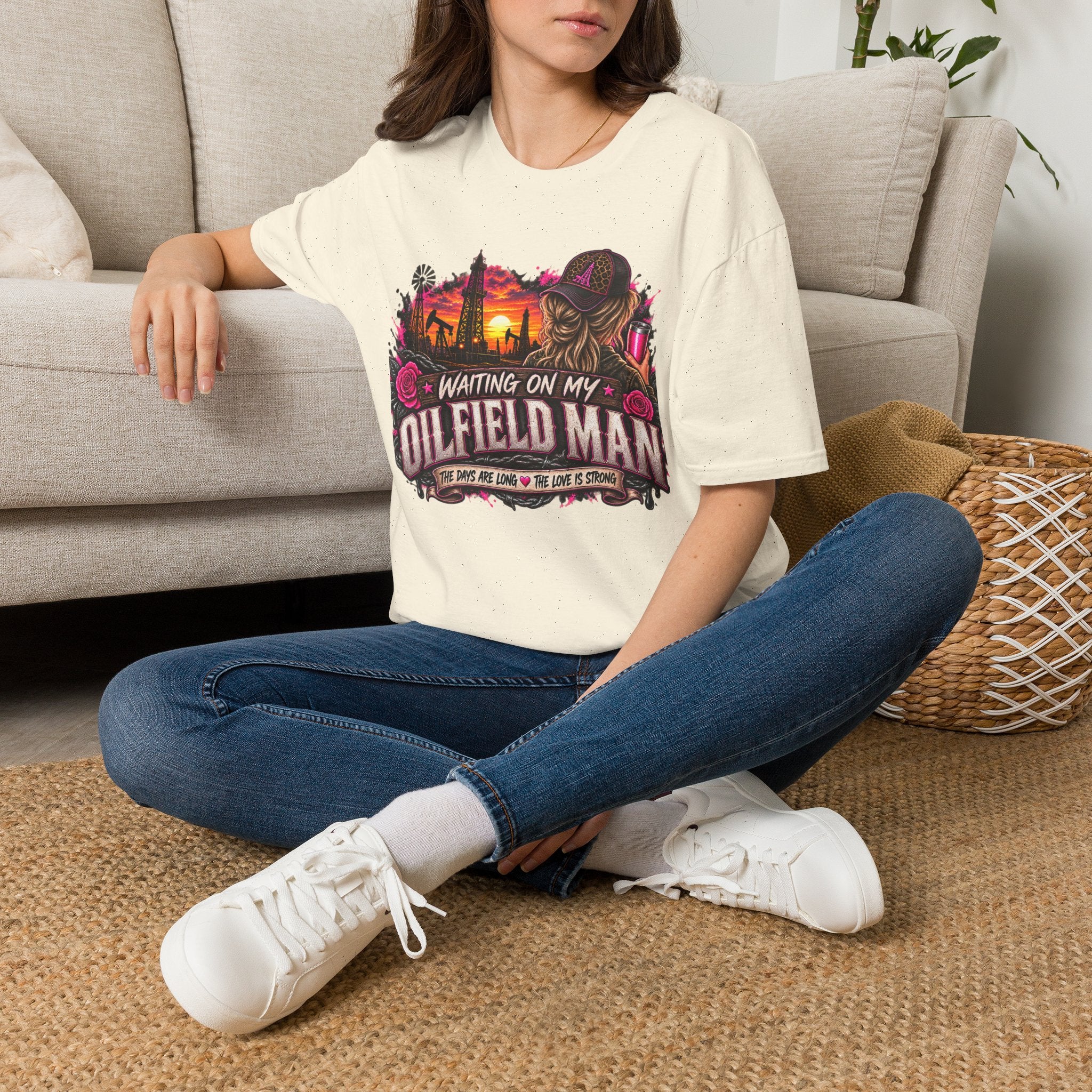 Waiting On My Oilfield Man T-Shirt — Vintage Sunset Oilfield Lady Tee