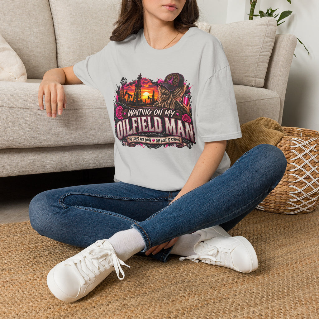 Waiting On My Oilfield Man T-Shirt — Vintage Sunset Oilfield Lady Tee