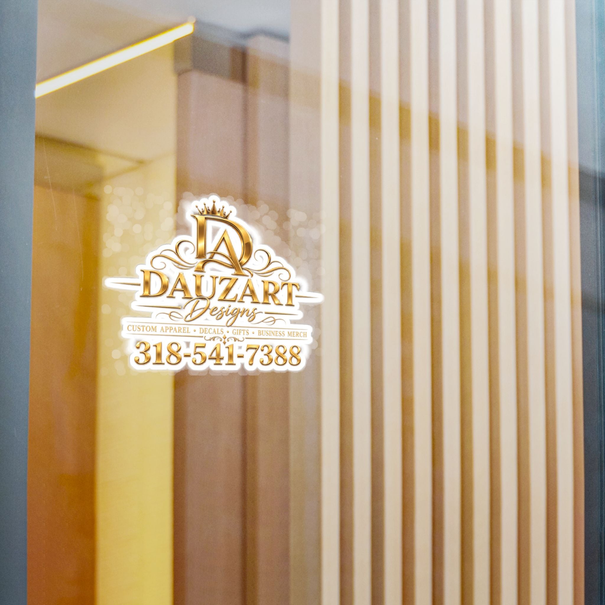 Logo Vinyl Decal — Gold "Dauzart Designs" Kiss-Cut Sticker with Phone Number