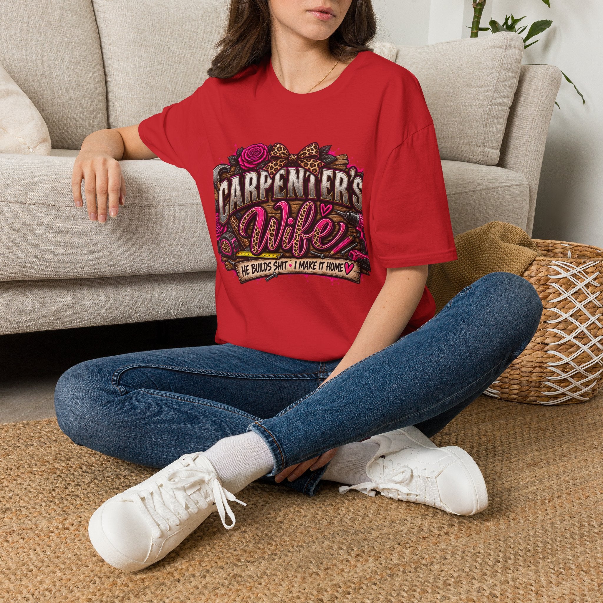 Carpenter's Wife T-Shirt — Floral Leopard Heart Design