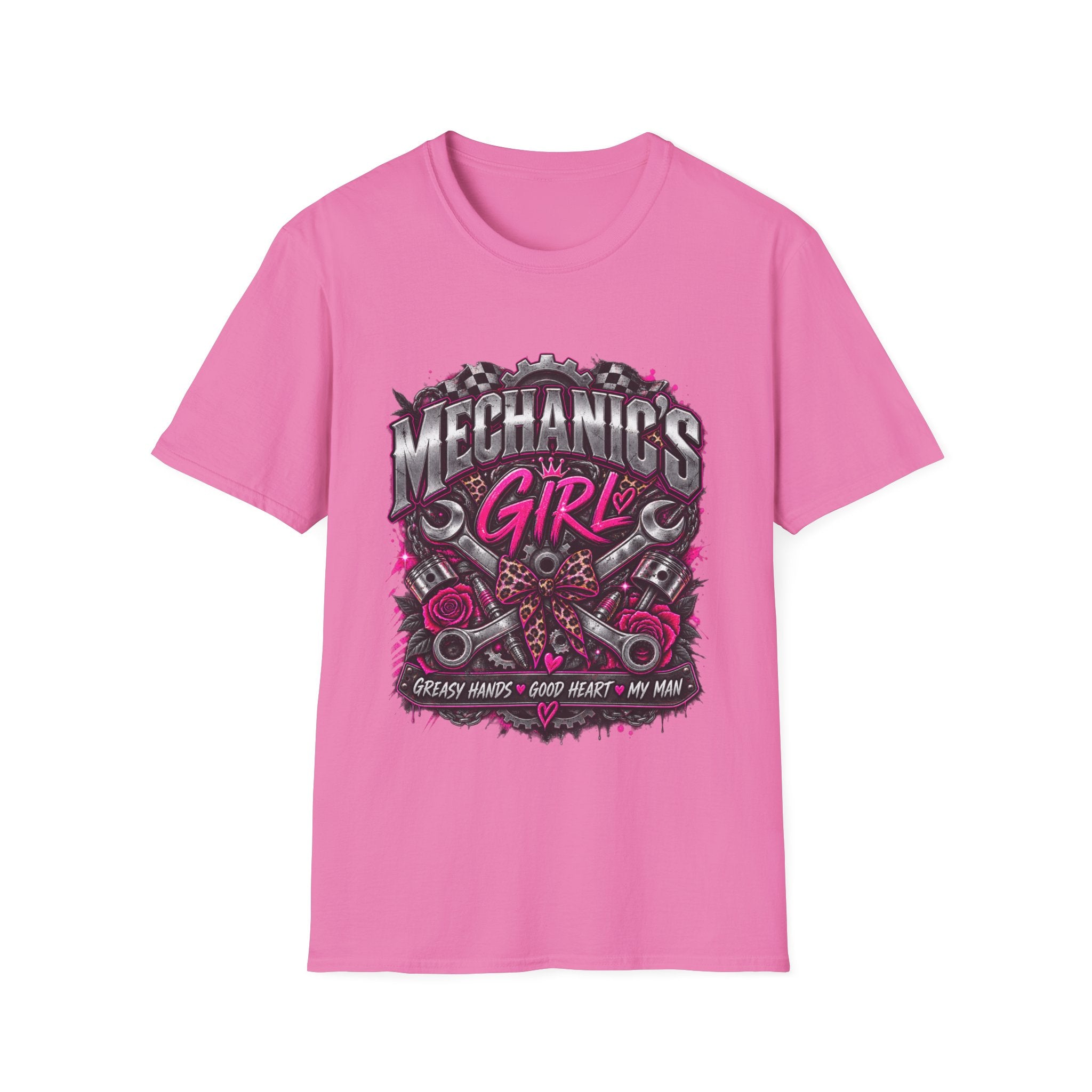 Mechanic's Girl T‑Shirt — Women's Automotive Crew Tee (Pink Gears & Wrenches)