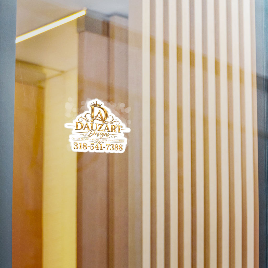 Logo Vinyl Decal — Gold "Dauzart Designs" Kiss-Cut Sticker with Phone Number