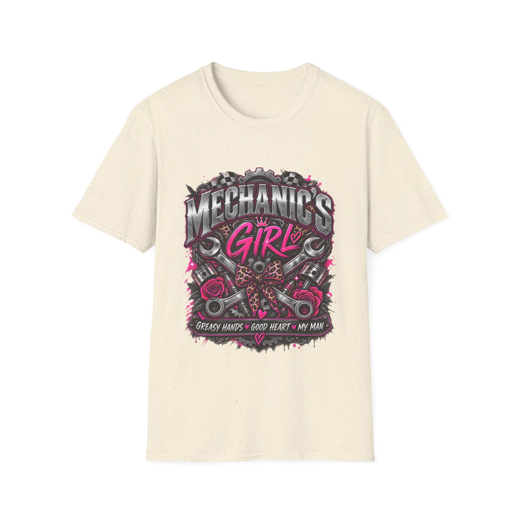Mechanic's Girl T‑Shirt — Women's Automotive Crew Tee (Pink Gears & Wrenches)