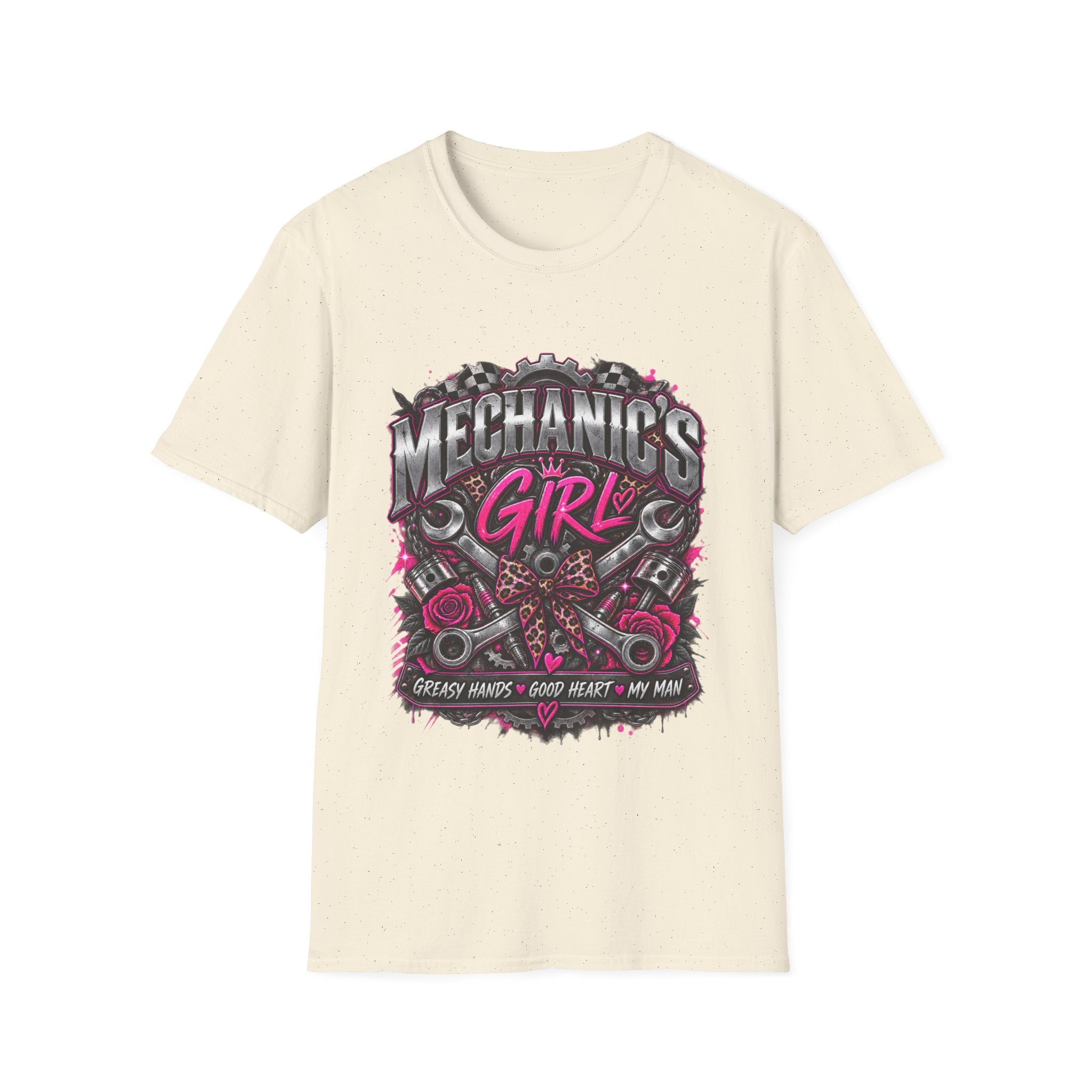 Mechanic's Girl T‑Shirt — Women's Automotive Crew Tee (Pink Gears & Wrenches)