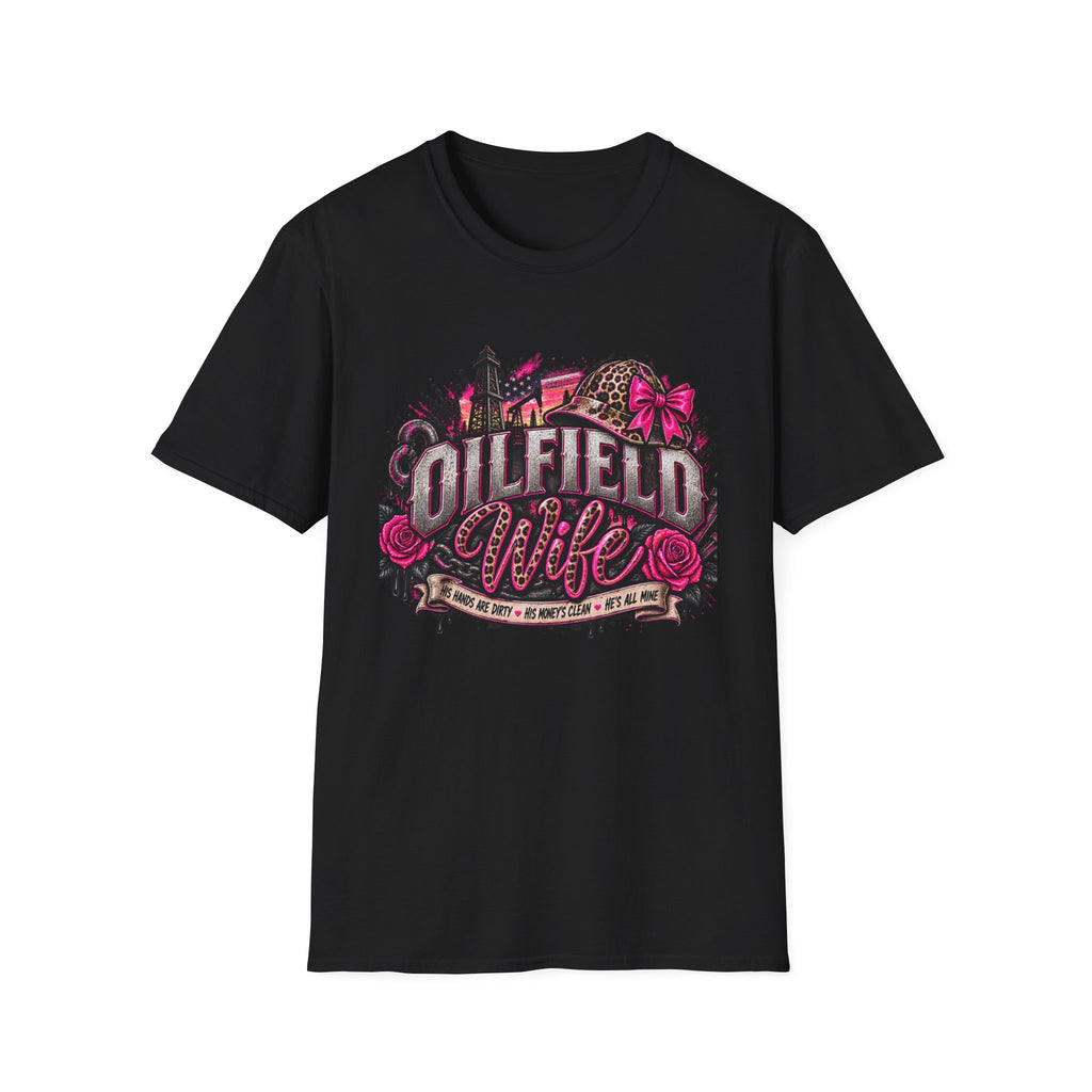 Oilfield Wife T-Shirt — Pink Leopard Bow Oilfield Graphic Tee