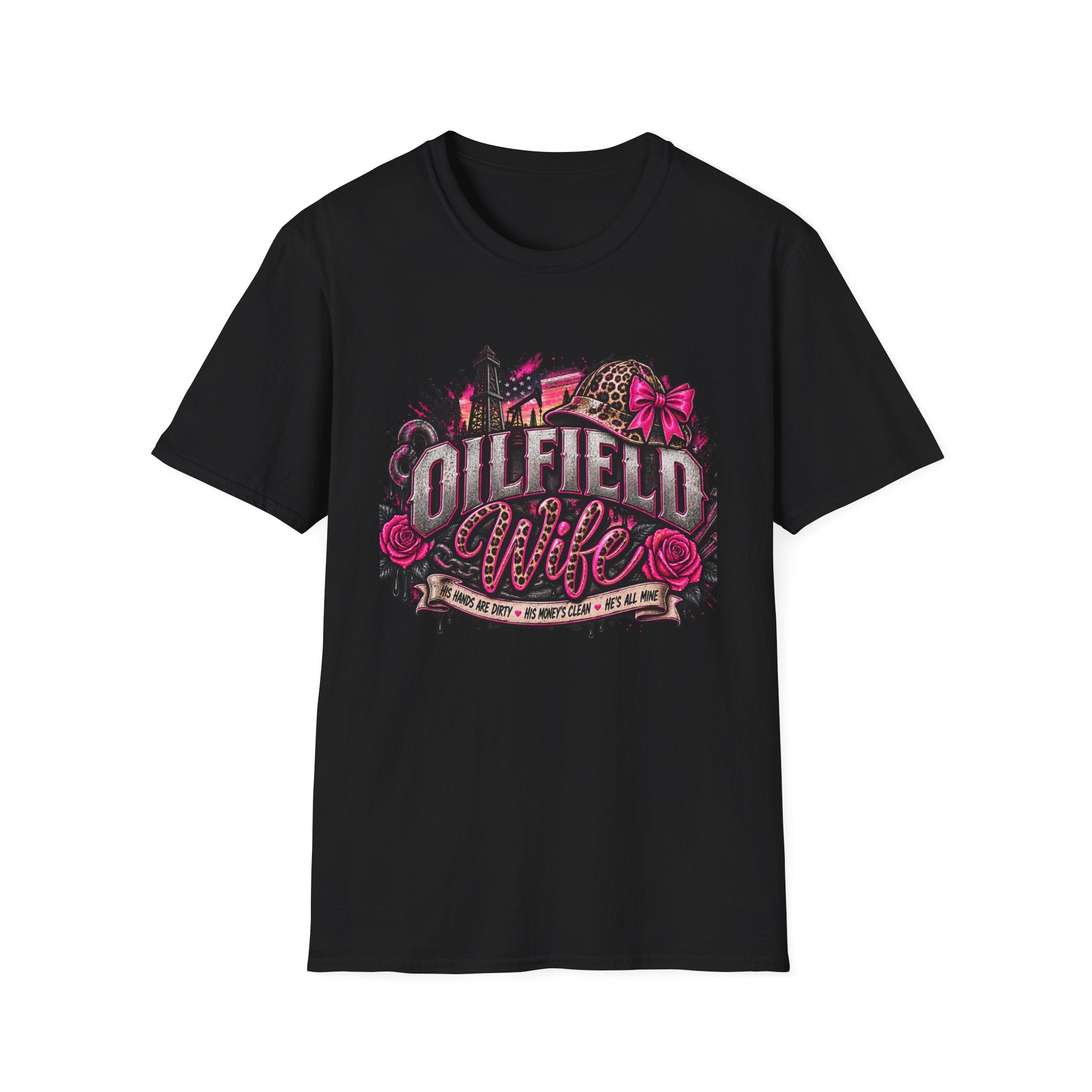 Oilfield Wife T-Shirt — Pink Leopard Bow Oilfield Graphic Tee
