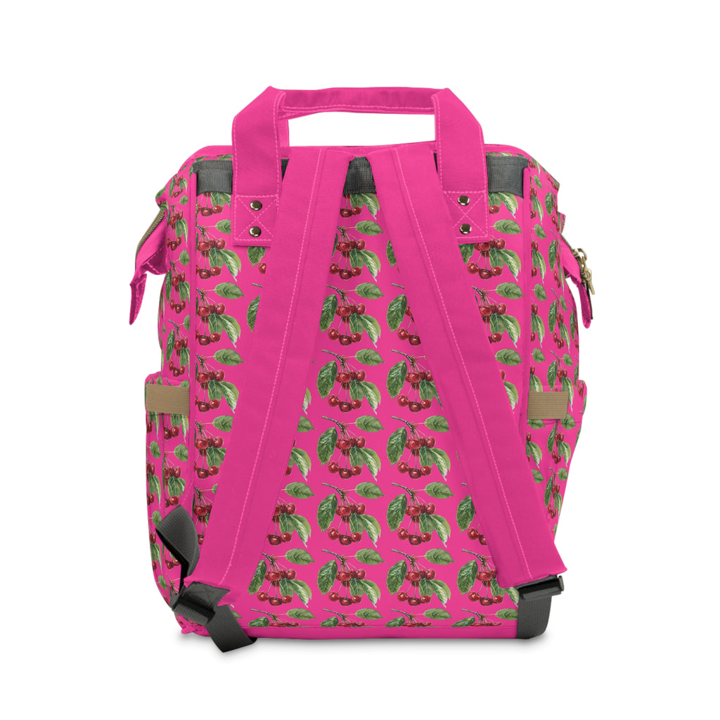 Diaper Backpack — Pink Tropical Cherries Multifunctional Baby Bag