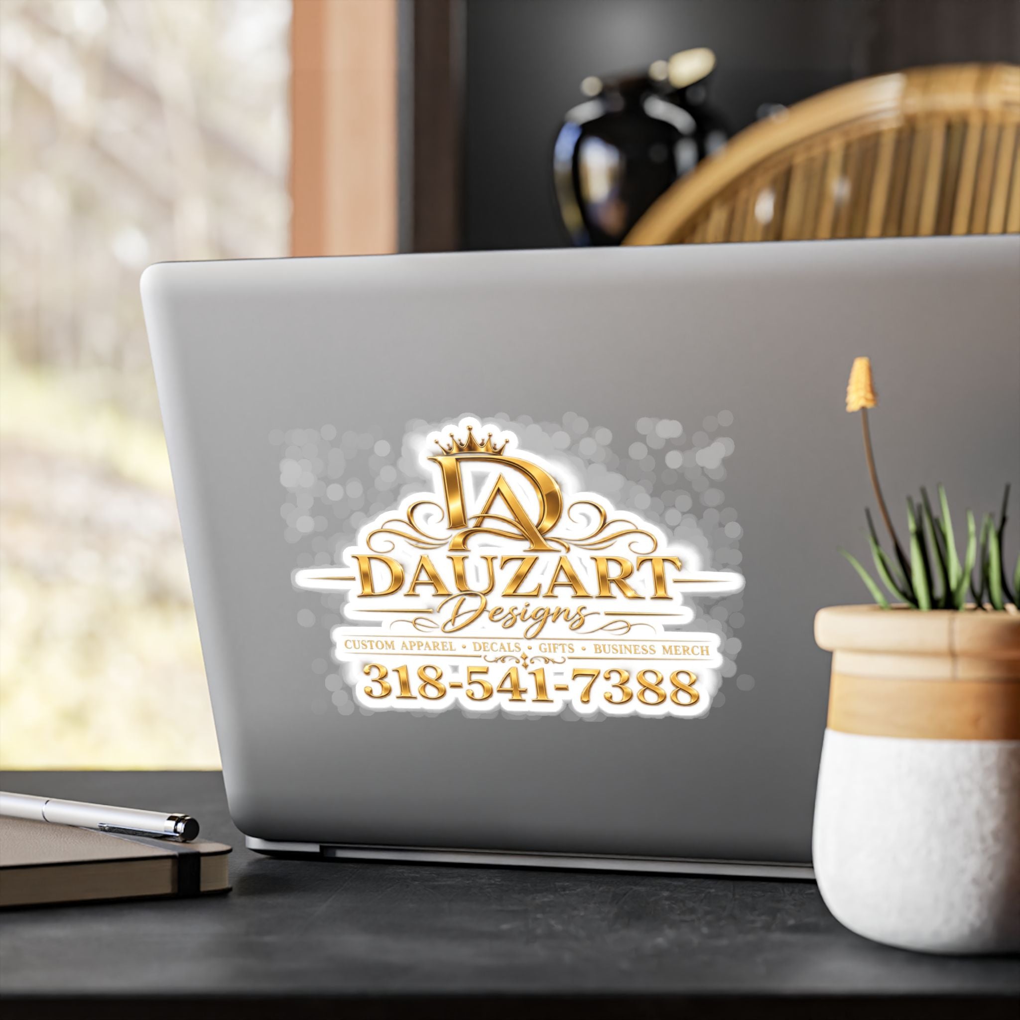 Logo Vinyl Decal — Gold "Dauzart Designs" Kiss-Cut Sticker with Phone Number