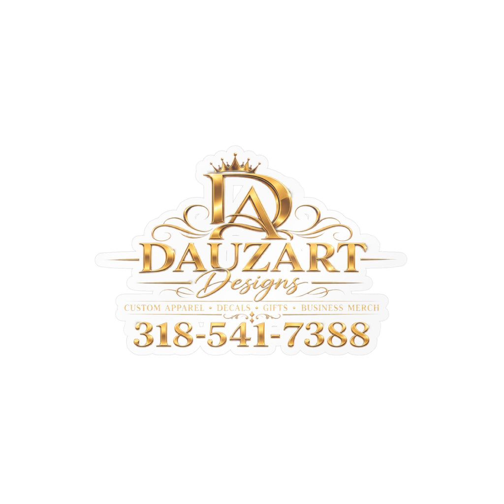 Logo Vinyl Decal — Gold "Dauzart Designs" Kiss-Cut Sticker with Phone Number