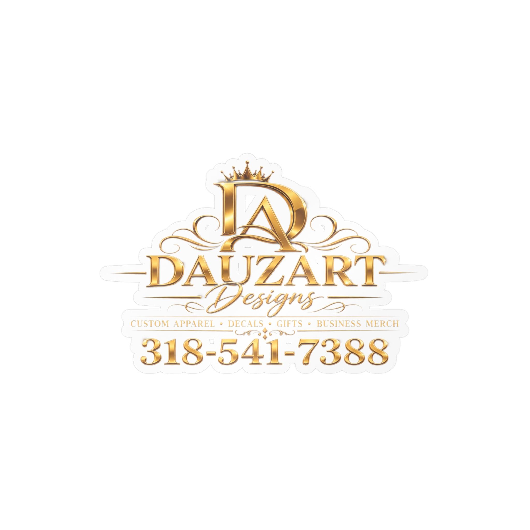 Logo Vinyl Decal — Gold "Dauzart Designs" Kiss-Cut Sticker with Phone Number