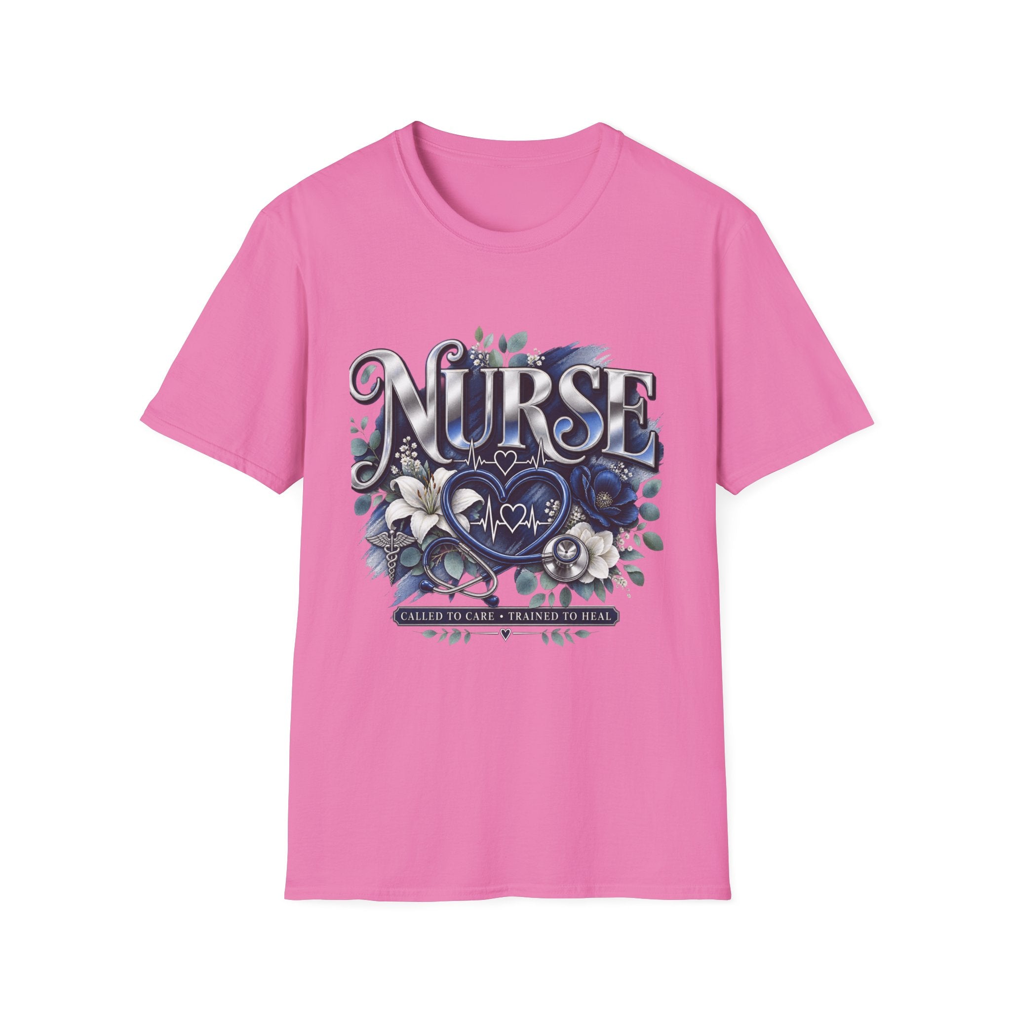 Nurse Floral Heart T‑Shirt — Blue Script Medical Pride Tee