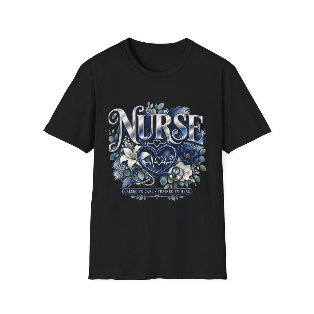 Nurse Floral Heart T‑Shirt — Blue Script Medical Pride Tee