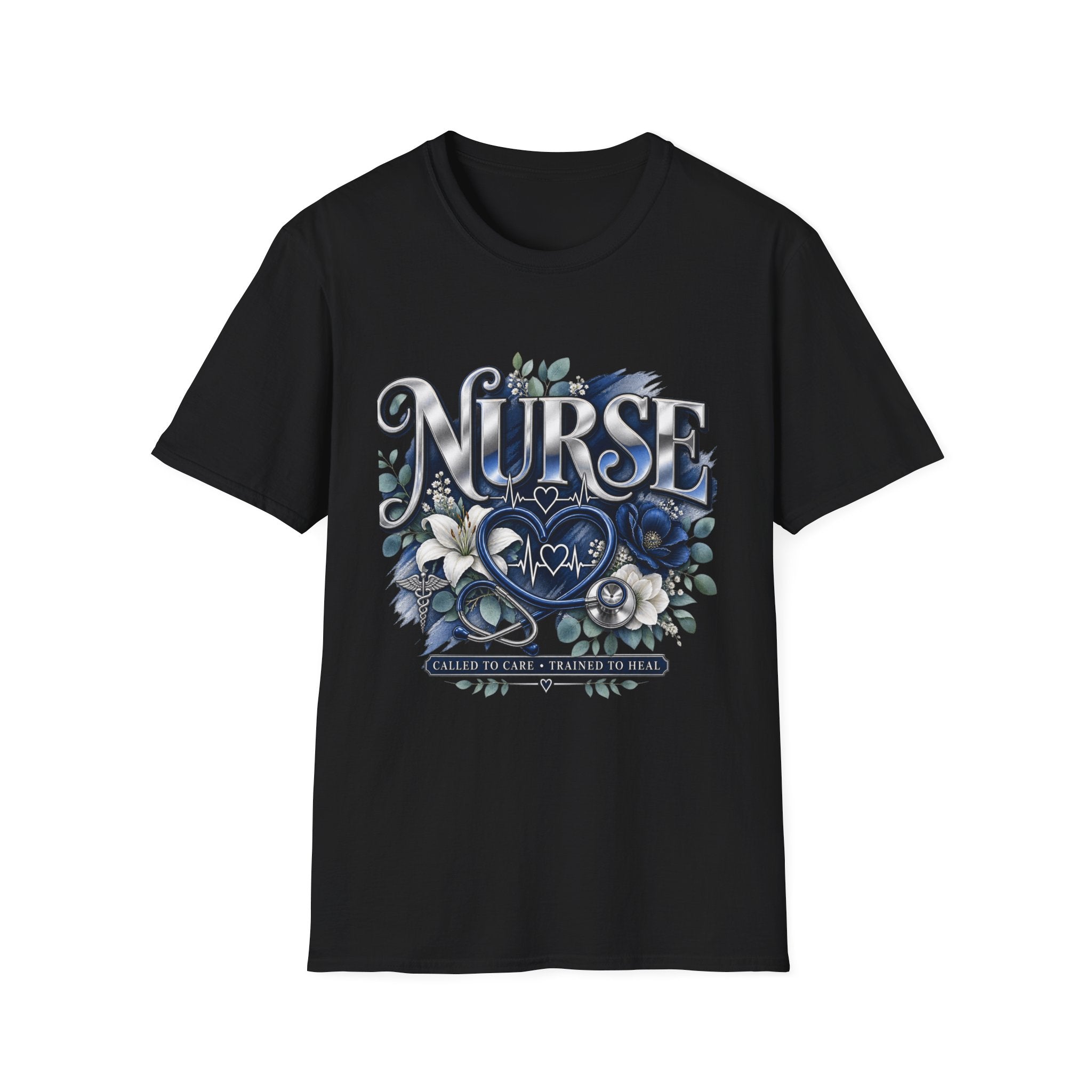 Nurse Floral Heart T‑Shirt — Blue Script Medical Pride Tee