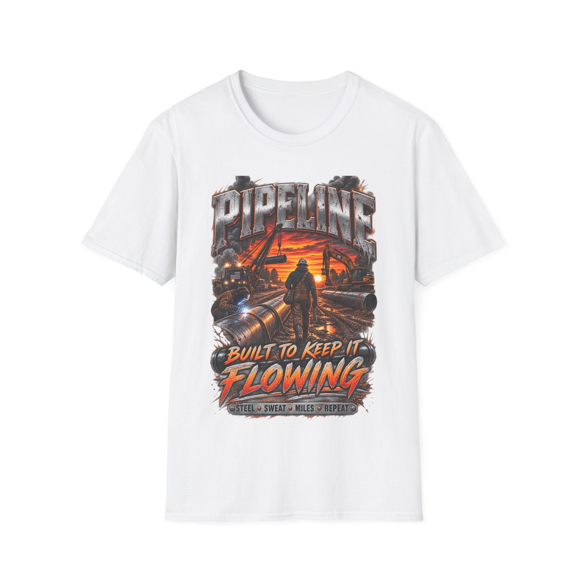 Pipeline Workers Sunset T-Shirt — "Built to Keep It Flowing" Oil & Gas Tee