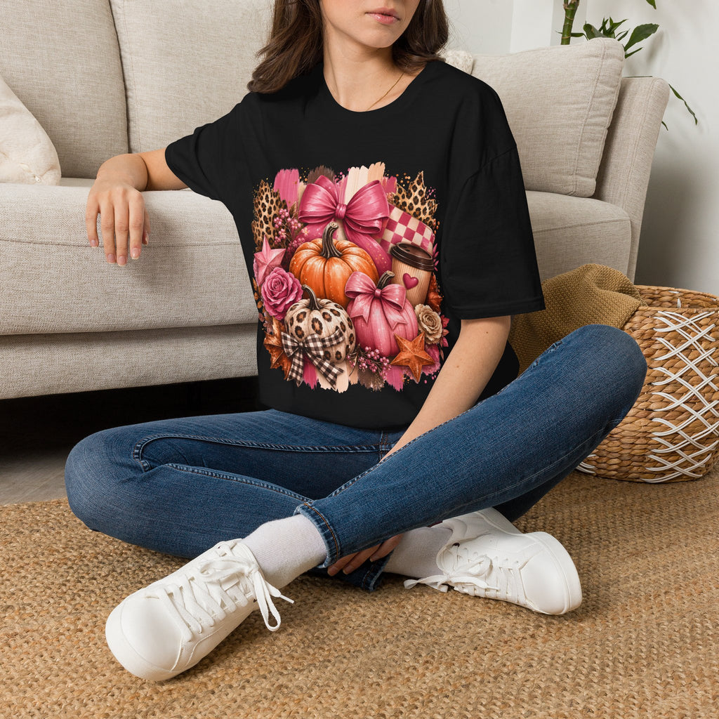 Pumpkin Bow Graphic T‑Shirt — Pink Fall Pumpkin & Leopard Coffee Tee
