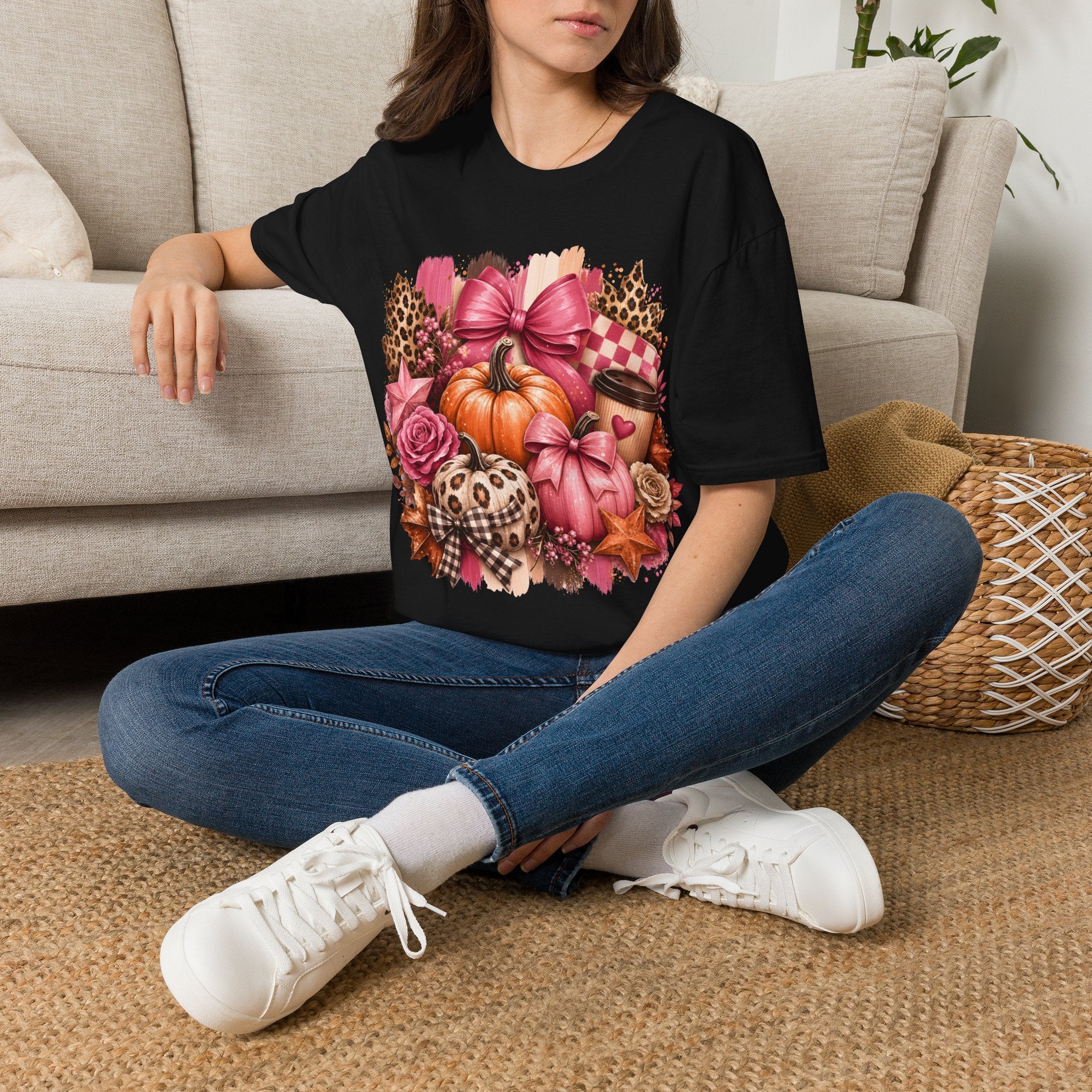 Pumpkin Bow Graphic T‑Shirt — Pink Fall Pumpkin & Leopard Coffee Tee