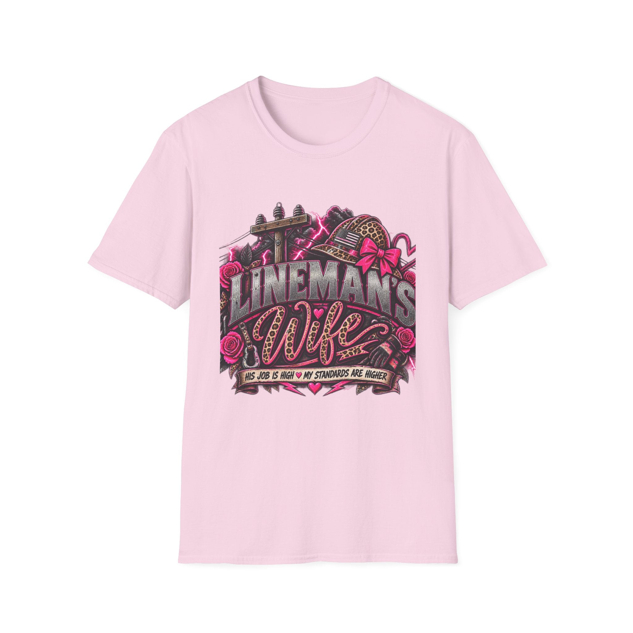 Lineman's Wife T‑Shirt — Pink Floral Lineman Crew Design