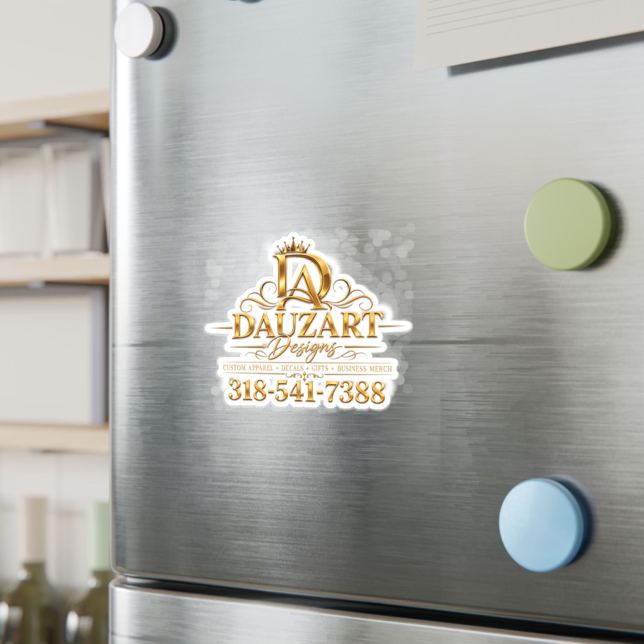 Logo Vinyl Decal — Gold "Dauzart Designs" Kiss-Cut Sticker with Phone Number