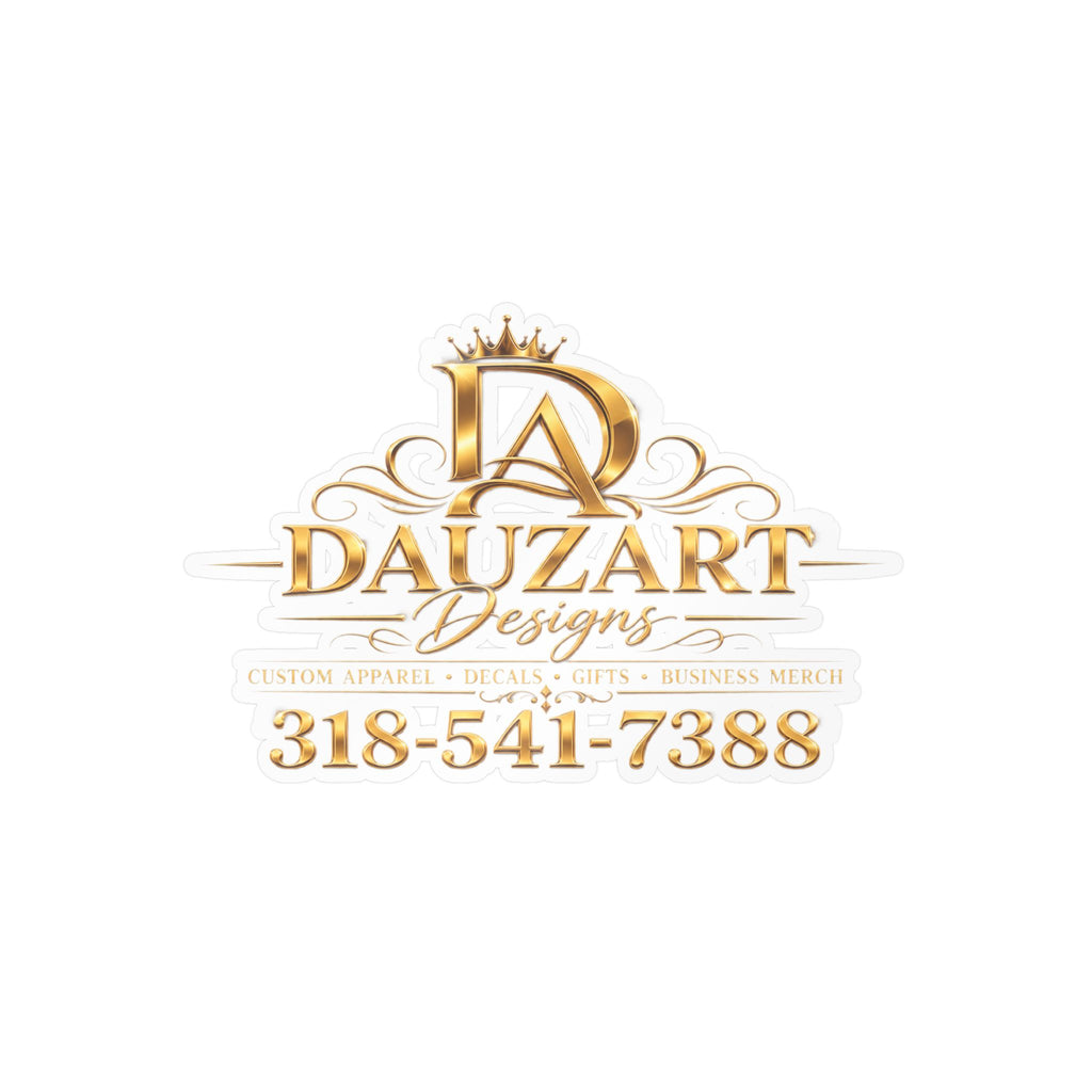 Logo Vinyl Decal — Gold "Dauzart Designs" Kiss-Cut Sticker with Phone Number