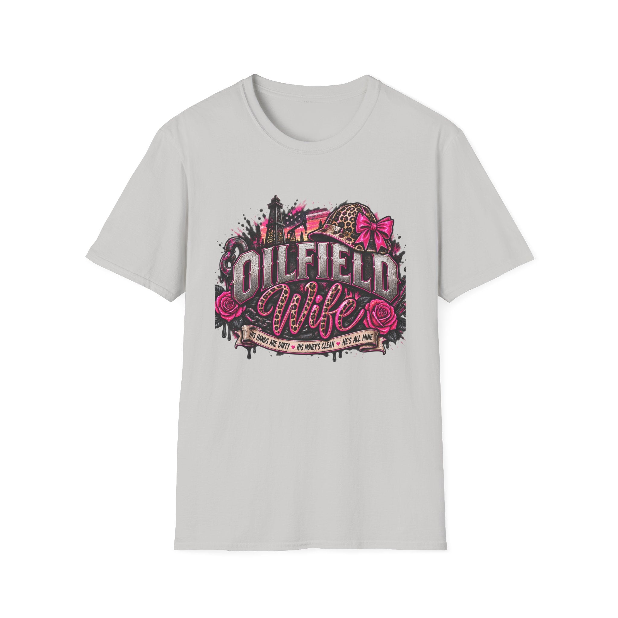 Oilfield Wife T-Shirt — Pink Leopard Bow Oilfield Graphic Tee