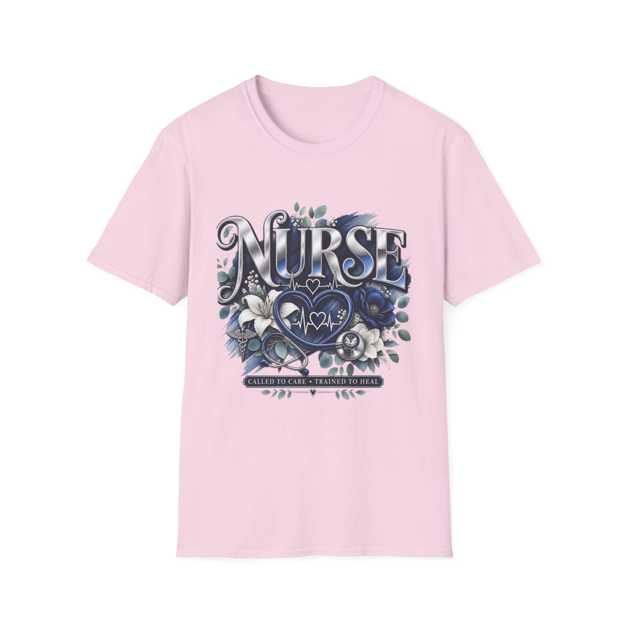 Nurse Floral Heart T‑Shirt — Blue Script Medical Pride Tee