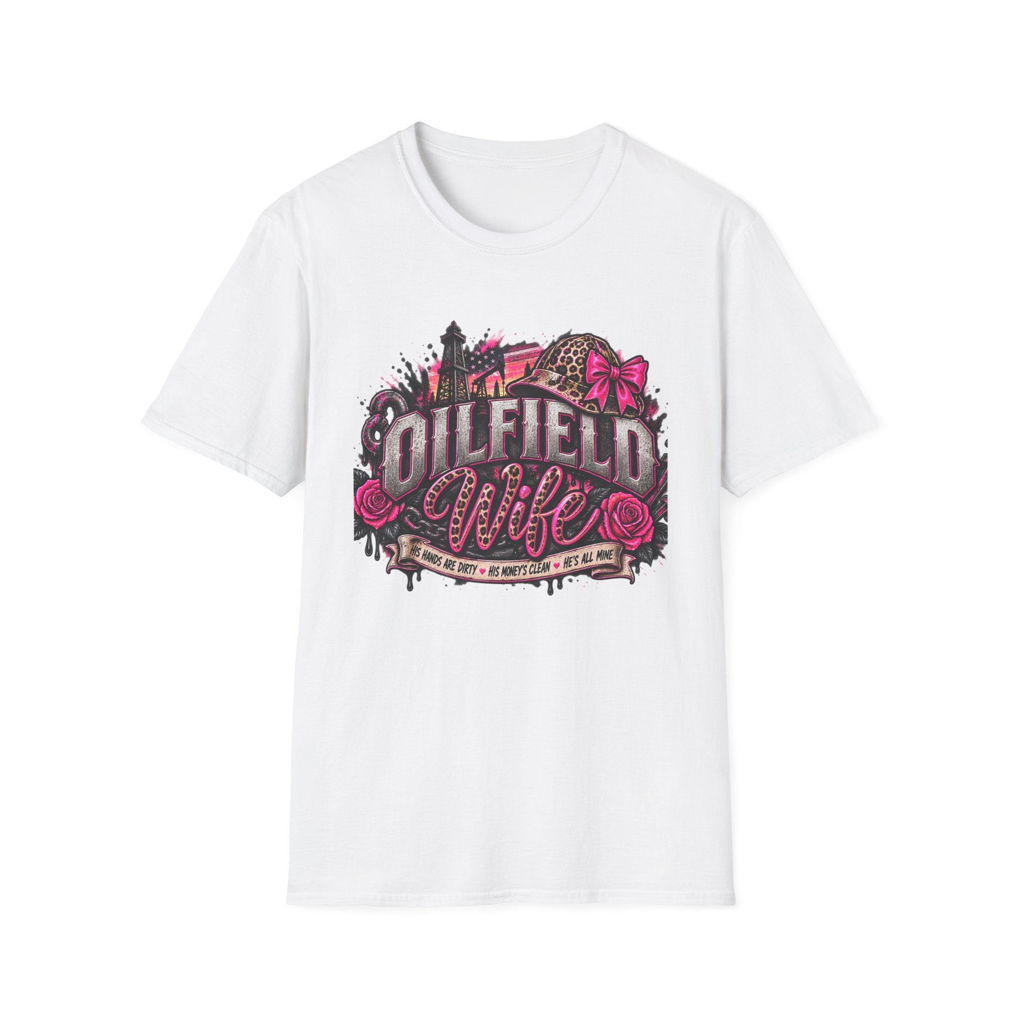 Oilfield Wife T-Shirt — Pink Leopard Bow Oilfield Graphic Tee