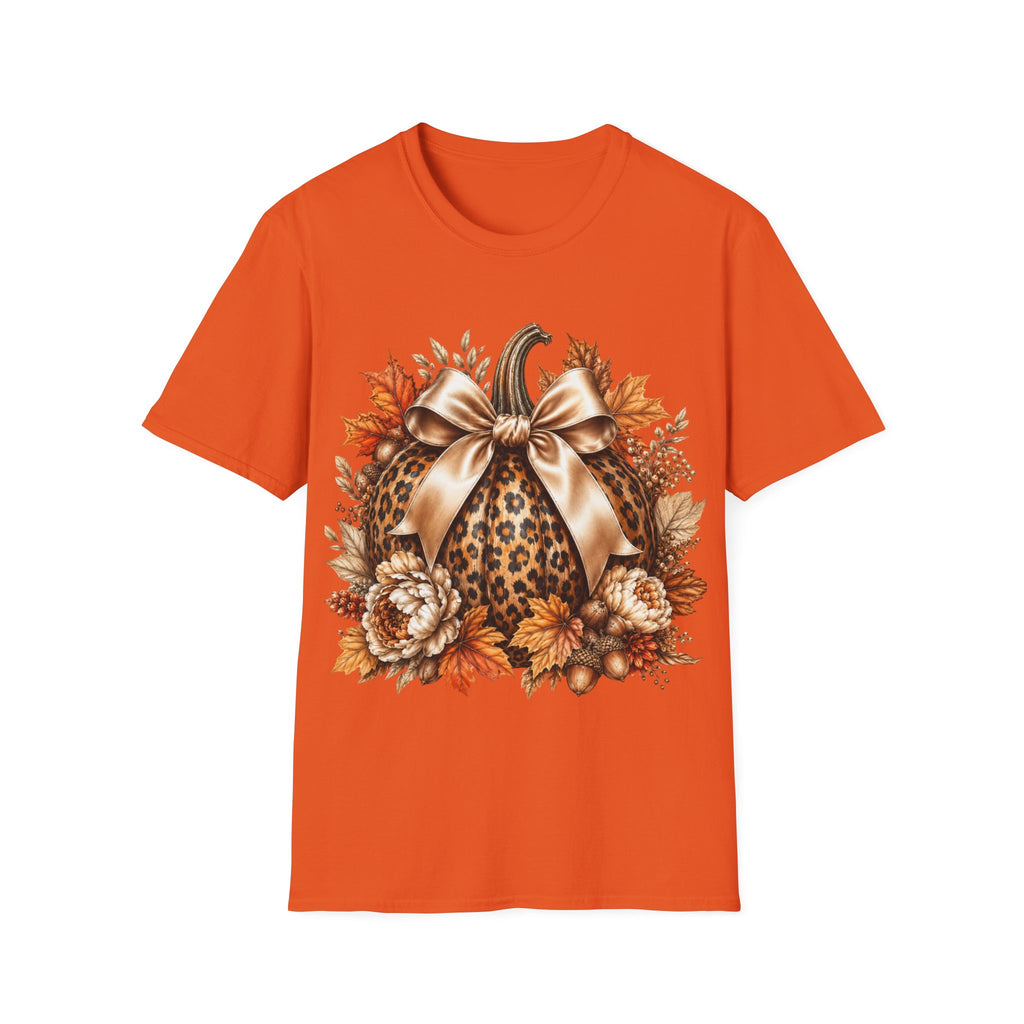 Leopard Pumpkin Fall T-Shirt — Autumn Bow & Leaves Graphic Tee