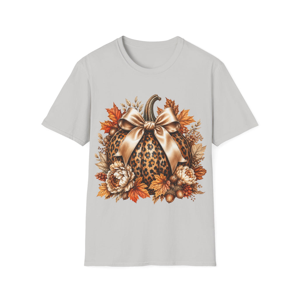 Leopard Pumpkin Fall T-Shirt — Autumn Bow & Leaves Graphic Tee