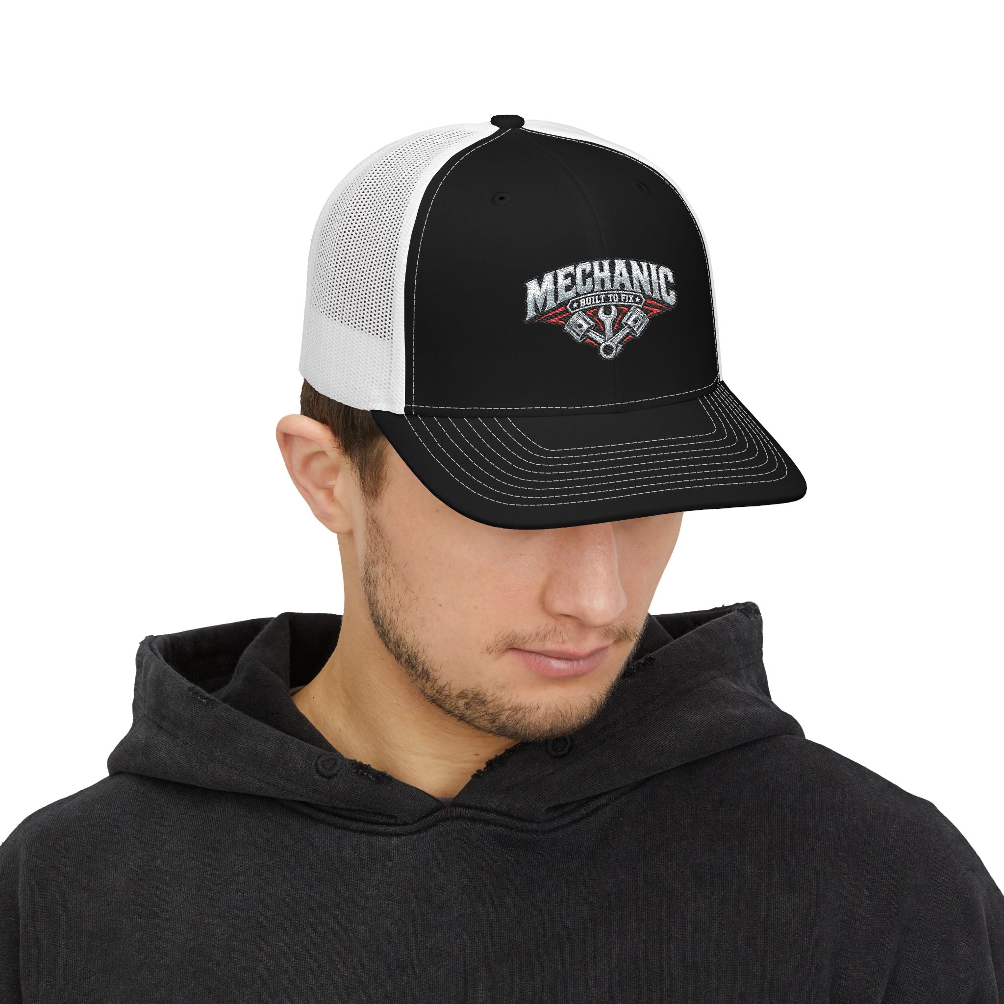 Mechanic Trucker Cap — Vintage Wrench & Piston Snapback Hat