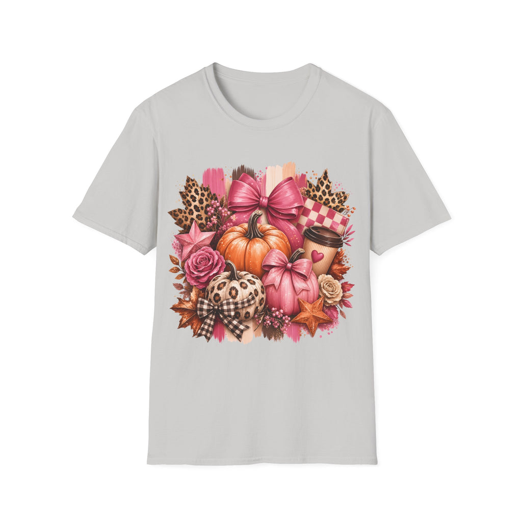 Pumpkin Bow Graphic T‑Shirt — Pink Fall Pumpkin & Leopard Coffee Tee