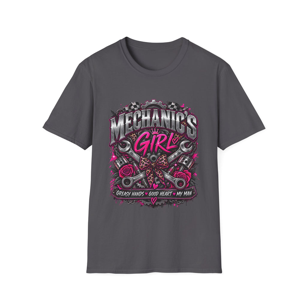 Mechanic's Girl T‑Shirt — Women's Automotive Crew Tee (Pink Gears & Wrenches)